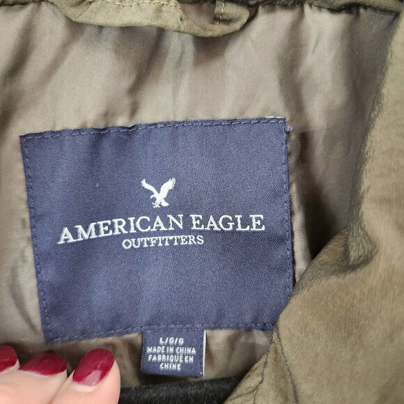 American Eagle Lightweight Bomber Jacket Hidden Hood Y2K Olive Green Women's L - Picture 6 of 8